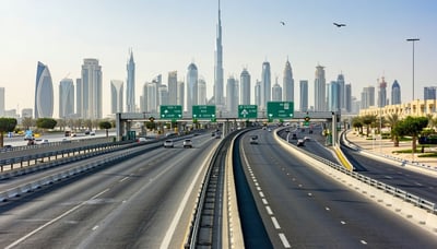 Dubai highway with toll gates and city skyline in the background Dubai highway with toll gates and city skyline in the background